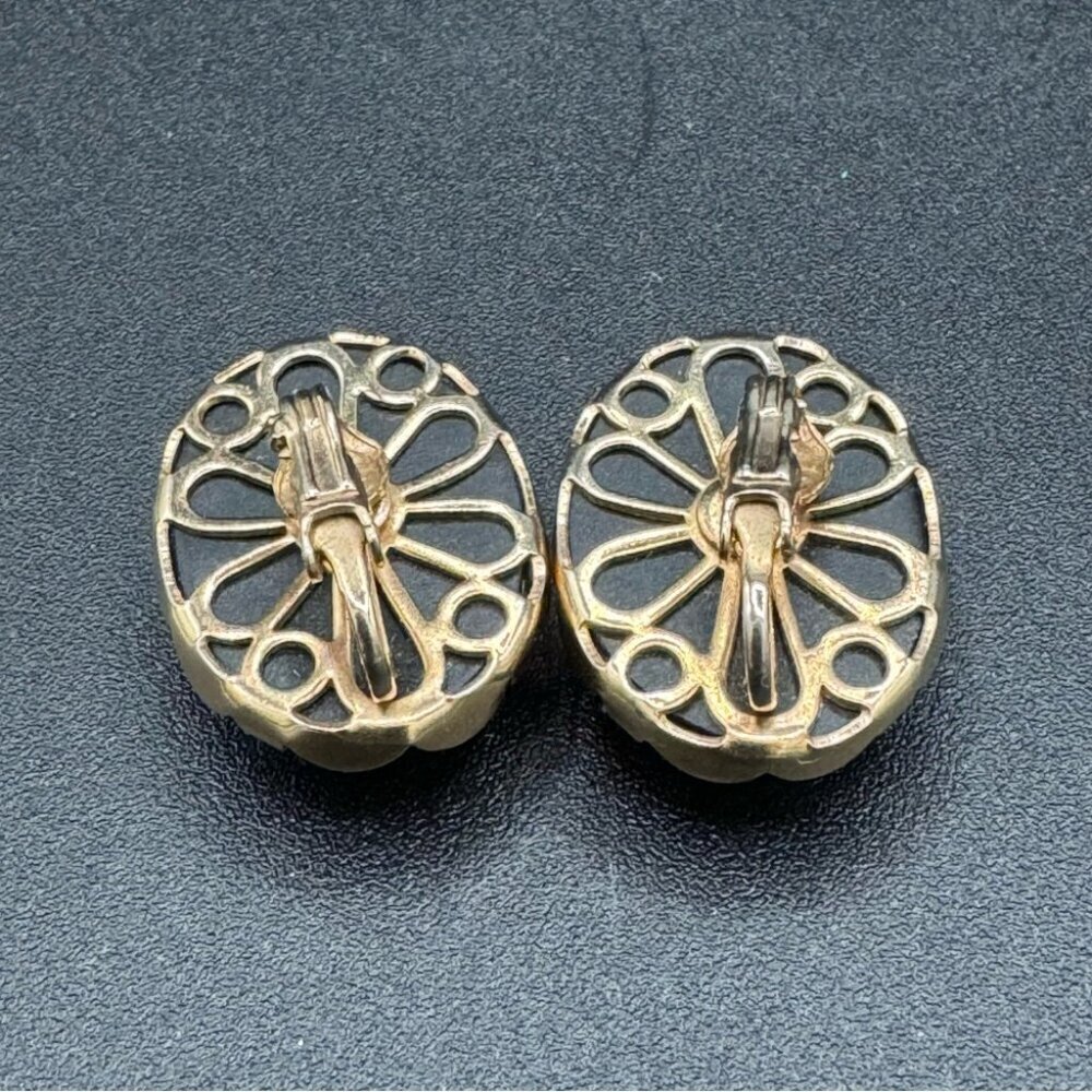 Vintage Mid-Century faux hematite, black cabochon Earrings Sarah Coventry - Picture 3 of 11